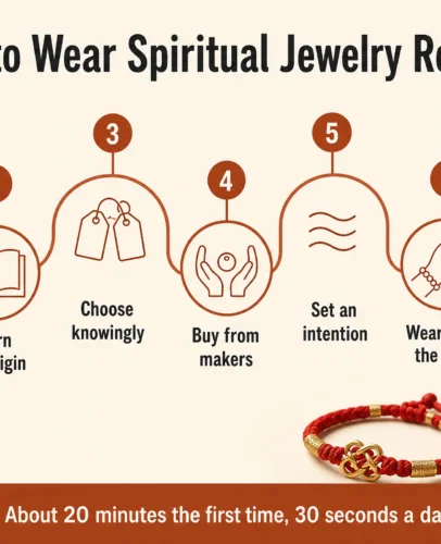 Infographic of 7 steps to wear spiritual jewelry respectfully, from naming your reason to storing a mala bracelet in a cloth pouch