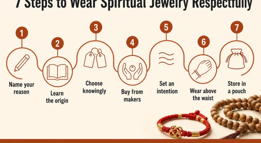 7-steps-wear-spiritual-jewelry-respectfully-infographic Infographic of 7 steps to wear spiritual jewelry respectfully, from naming your reason to storing a mala bracelet in a cloth pouch