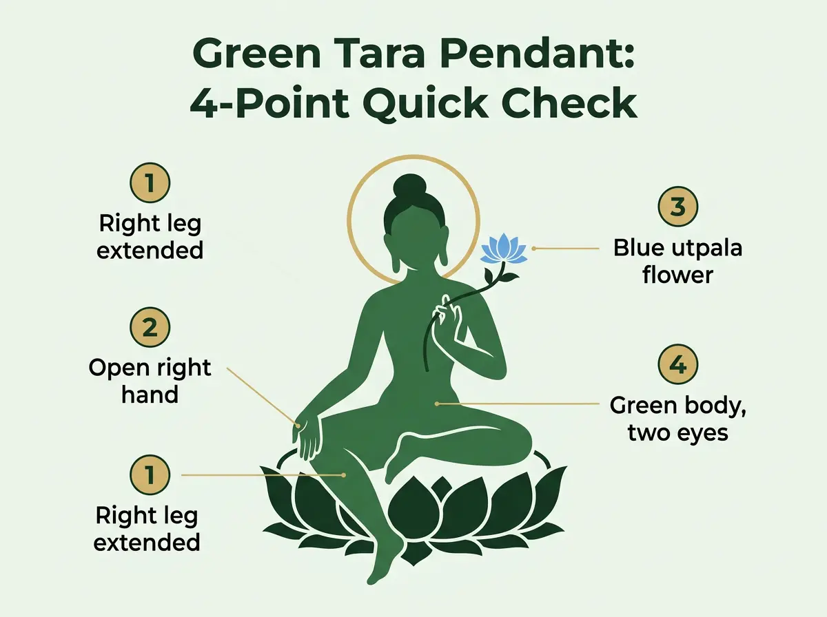 Green Tara pendant iconography: extended right leg, open generosity hand, blue utpala flower, green color
