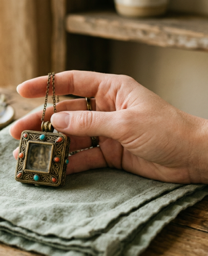 Hand holding an ornate Tibetan-style gau box pendant on green linen, hero image for Green Tara jewelry guide