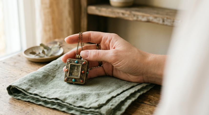 Hand holding an ornate Tibetan-style gau box pendant on green linen, hero image for Green Tara jewelry guide Hand holding an ornate Tibetan-style gau box pendant on green linen, hero image for Green Tara jewelry guide