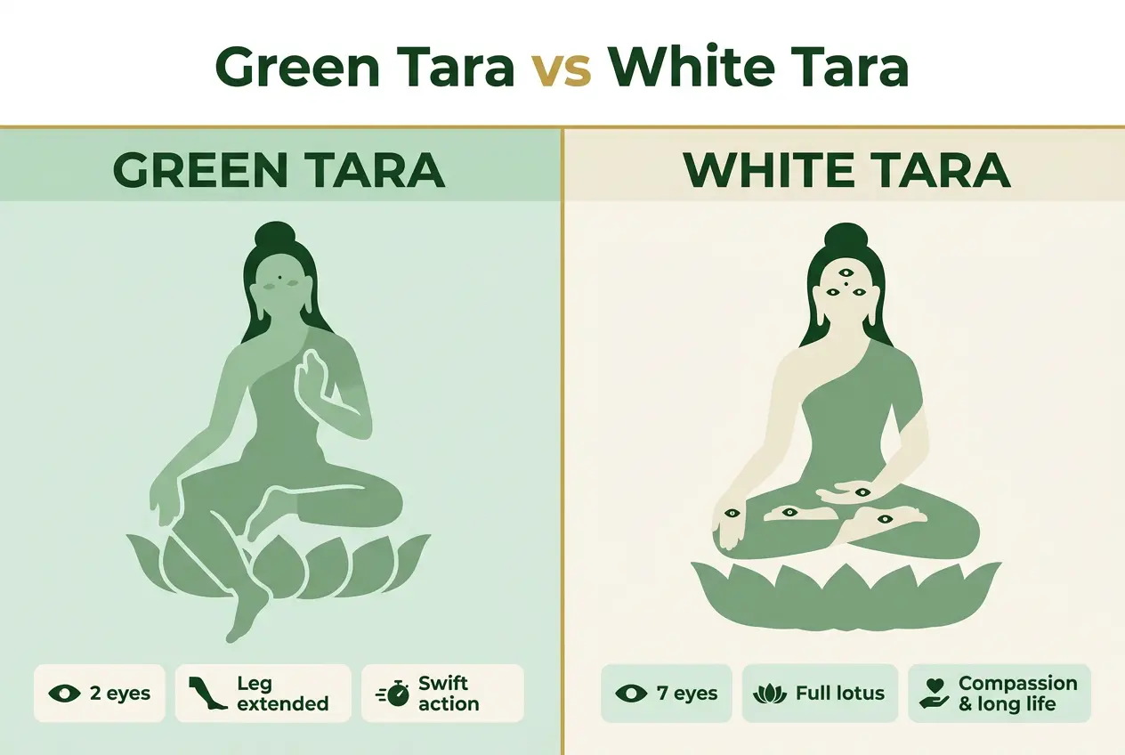 Side-by-side chart comparing Green Tara with two eyes and one leg extended and White Tara with seven eyes in full lotus