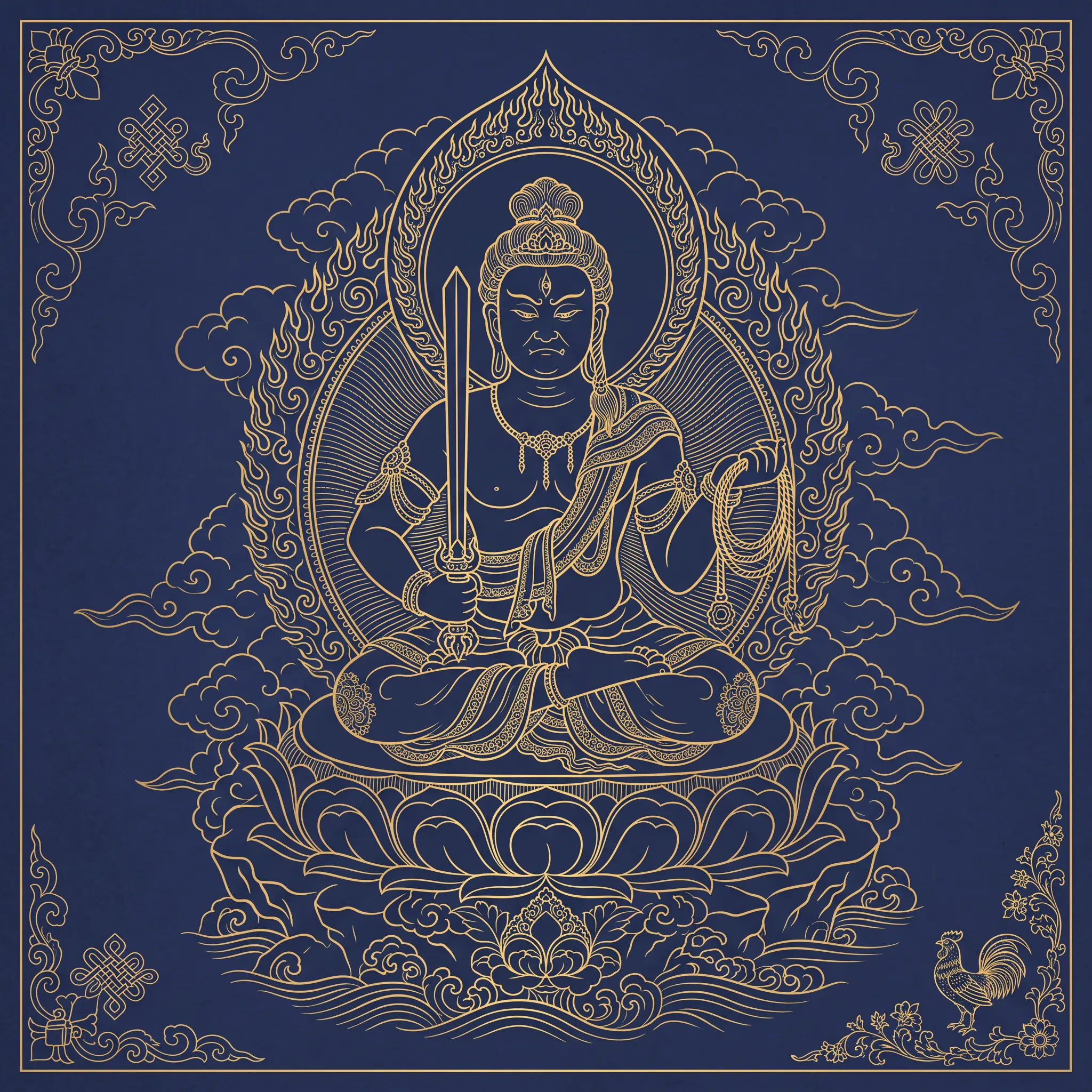 Gold line-art of Acala, the guardian Buddha traditionally linked to the Rooster zodiac sign, with a small rooster motif