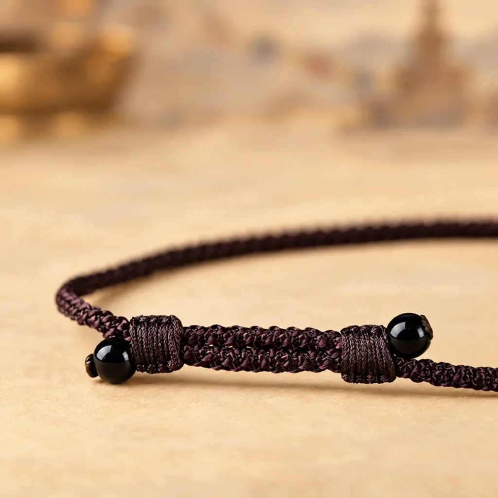 Adjustable sliding knots with black beads on the dark brown braided cord of the Tibetan mantra necklace