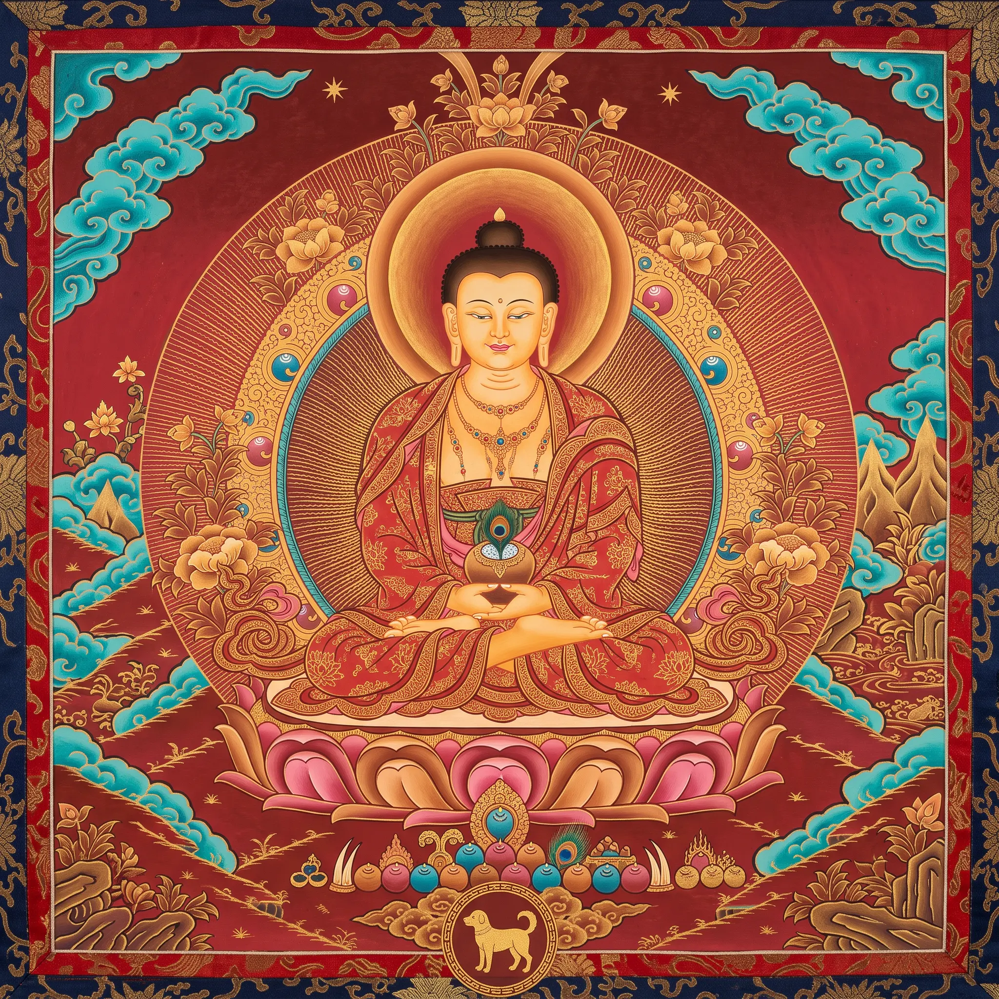 Amitabha, the guardian Buddha of the Dog zodiac, in Tibetan thangka style with a lotus and golden light