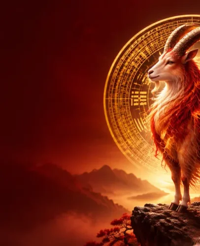 Fire Goat year 2027 illustration with red lanterns and a golden compass for a guide on how to appease Tai Sui