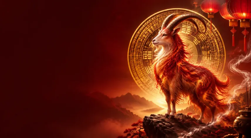 appease-tai-sui-2027-fire-goat-year-guide Fire Goat year 2027 illustration with red lanterns and a golden compass for a guide on how to appease Tai Sui