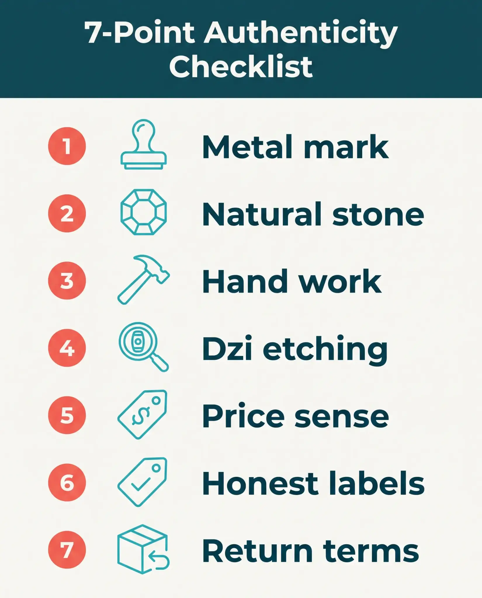 Seven-point checklist for authentic Tibetan jewelry: metal mark, natural stone, hand work, dzi etching, price, labels, returns
