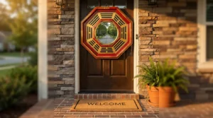 Espejo octogonal bagua colgado en el exterior, centrado sobre la puerta principal de una casa suburbana con el trigrama Qian en la parte superior.