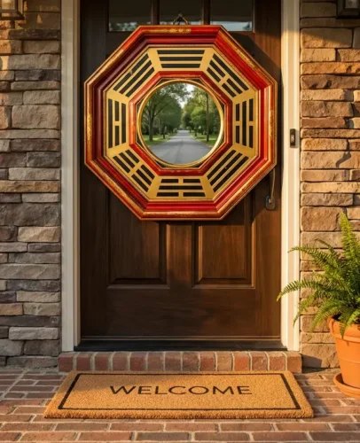 Octagonal bagua mirror hung outside, centered above a suburban front door with the Qian trigram at the top