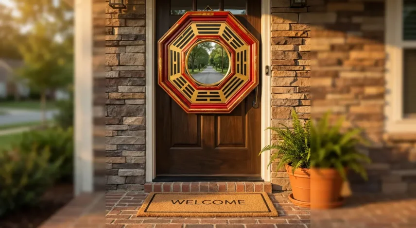 bagua-mirror-above-front-door-exterior-wall.webp Octagonal bagua mirror hung outside, centered above a suburban front door with the Qian trigram at the top