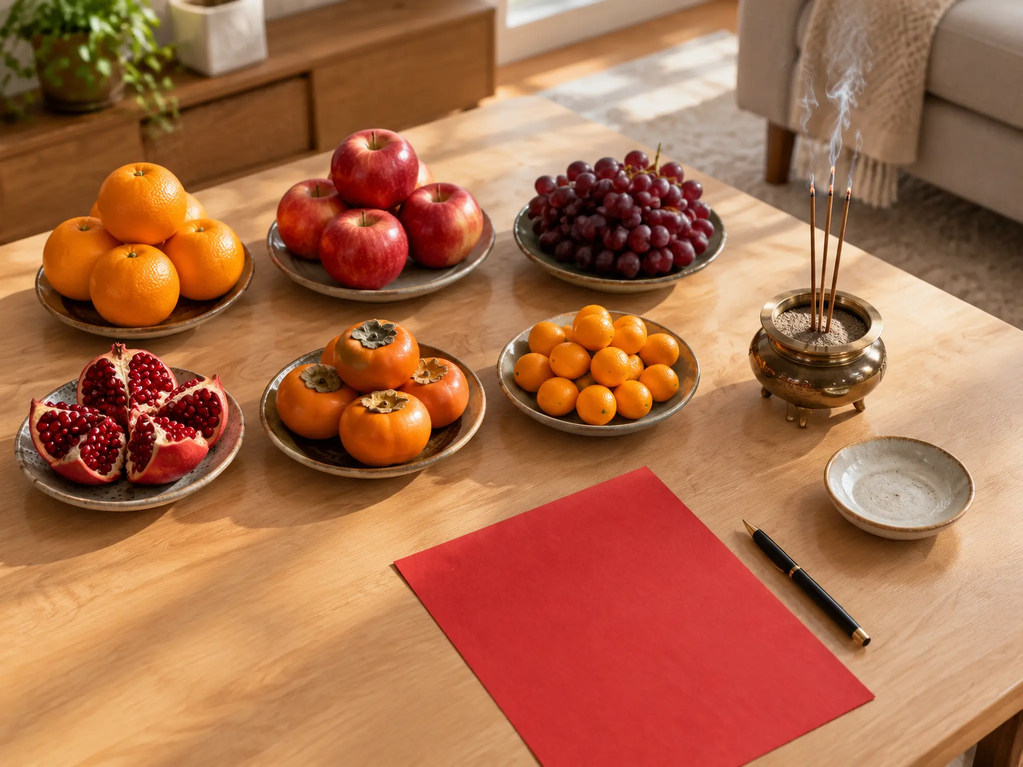Home altar for Bai Tai Sui with six kinds of fruit, incense, and blank red paper on a wooden table