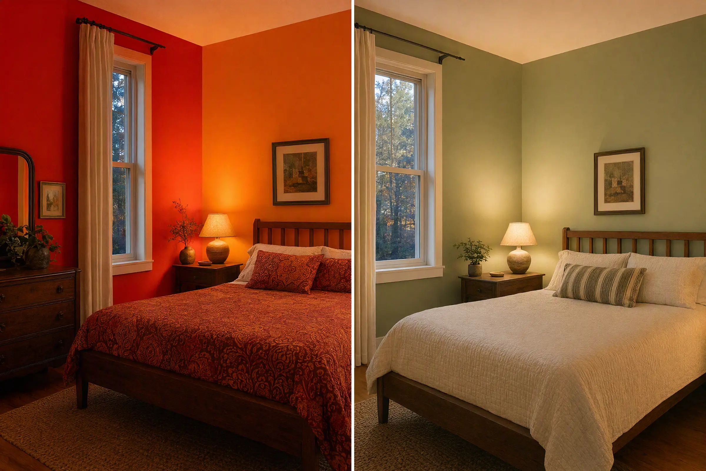 Same bedroom painted saturated red on the left and muted sage on the right, lit by a warm 2700K bedside lamp