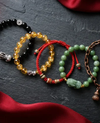 Five feng shui bracelets for wealth, good luck and health arranged on dark slate with red silk