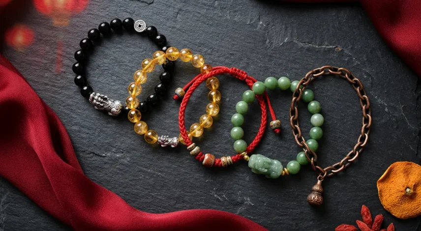 Five feng shui bracelets for wealth, good luck and health arranged on dark slate with red silk