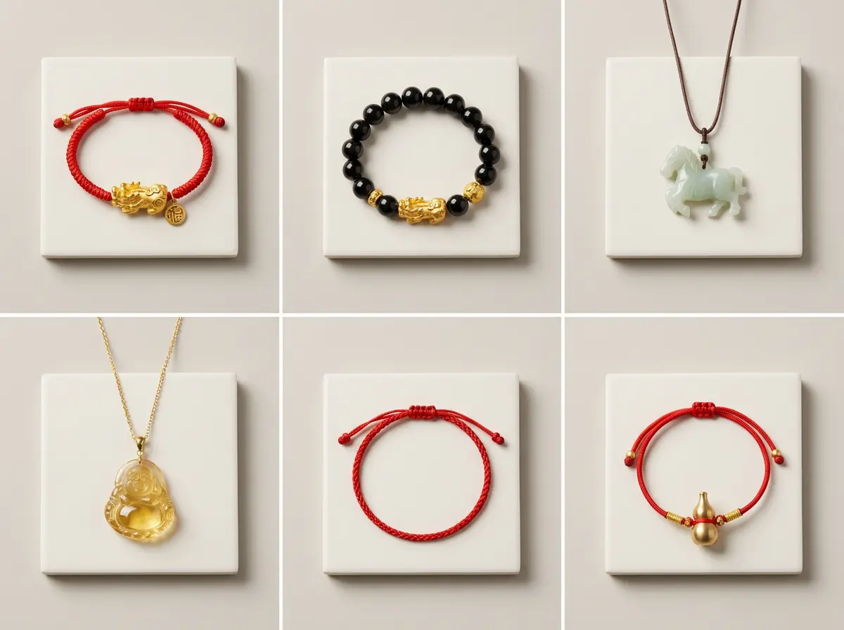 Six Tai Sui protection pieces for 2027 in a grid: Pixiu red string, obsidian Pixiu bracelet, jade Horse pendant, citrine Buddha, red string and Wu Lou bracelet