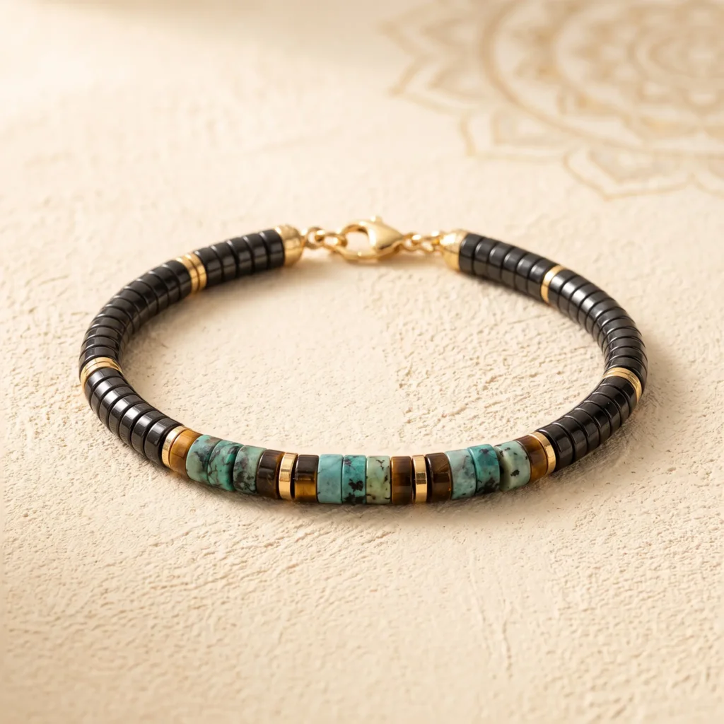 black-onyx-hematite-bracelet-gold-tone-lobster-clasp Close-up of black disc beads, tiger eye, turquoise and a gold-tone lobster clasp on a bracelet resting on cream plaster