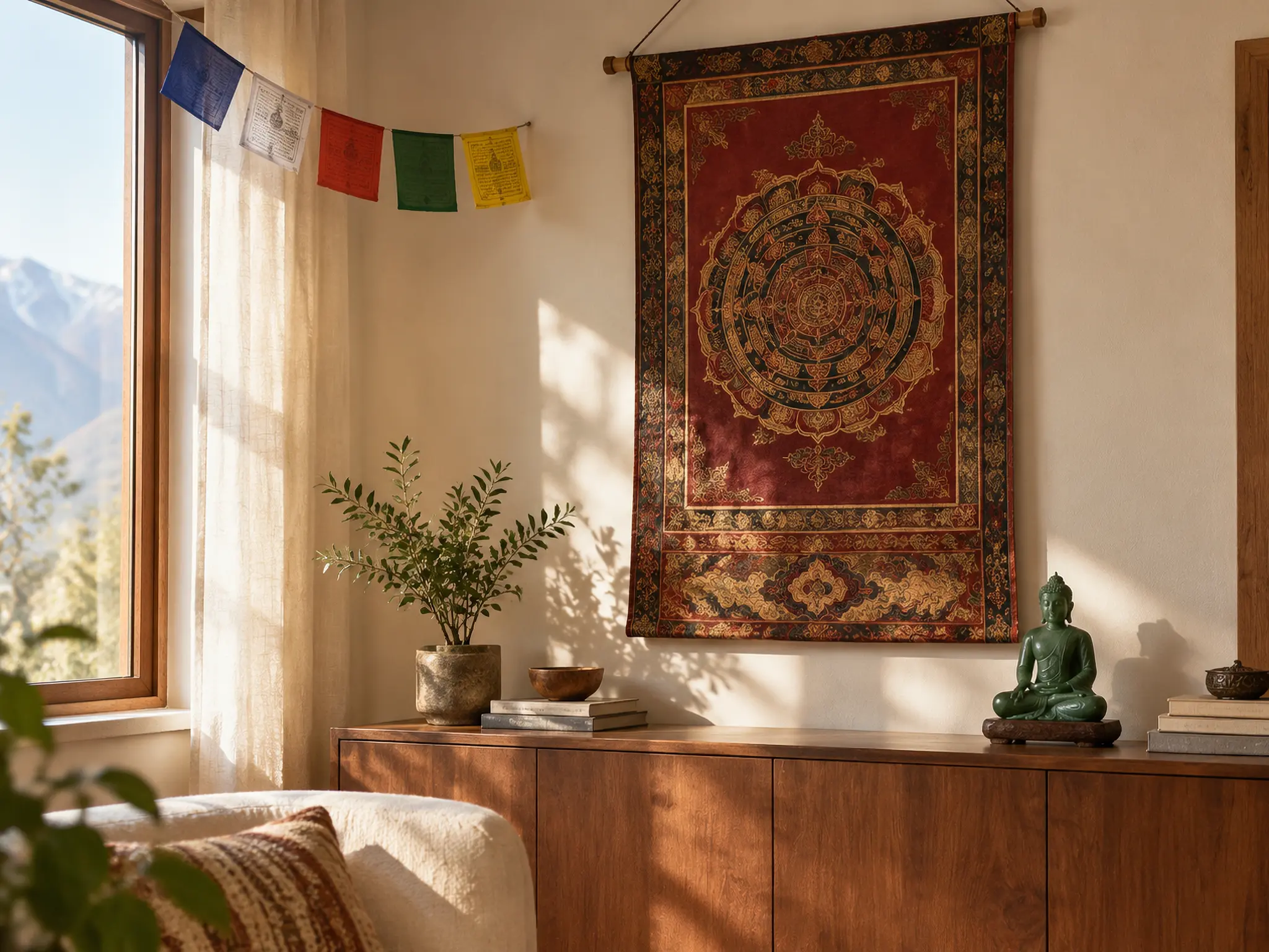 Calm warm-white living room with a hand-painted scroll, five-color prayer flags and a green stone Buddha statue adding color