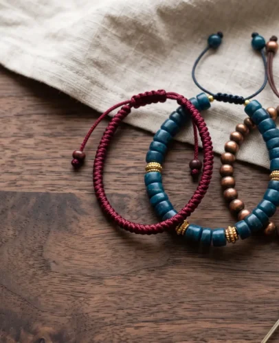 Tampilan datar dari seikat gelang Tibet yang terdiri dari jangkar batu biru, tali simpul merah, dan gelang manik-manik tembaga.