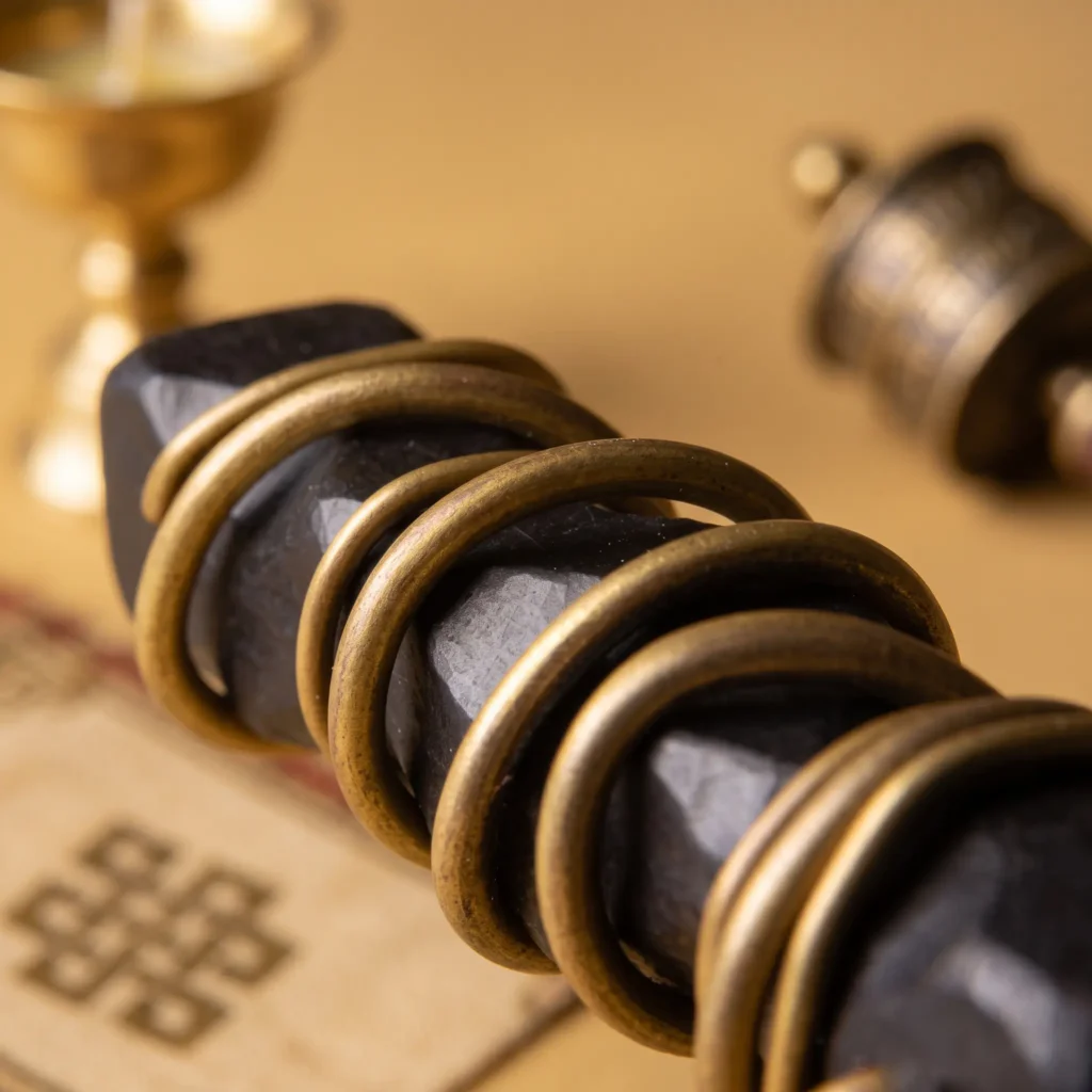 Macro view of an aged brass wire spiral on a faceted ebony wood pendant, beside a Tibetan brass lamp and prayer wheel