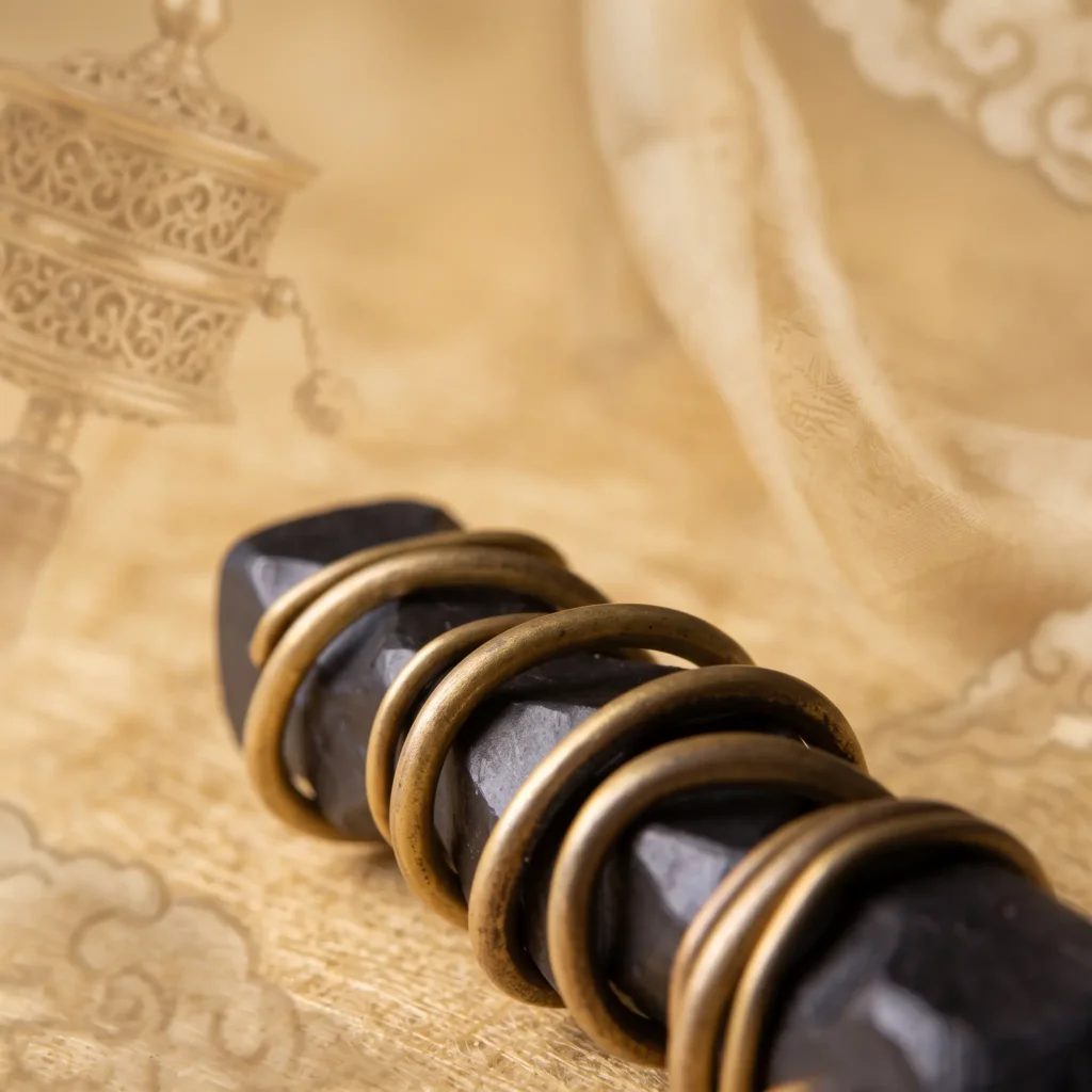Close-up of brass wire coils wrapped around a black ebony wood bar, with a blurred Tibetan prayer wheel behind