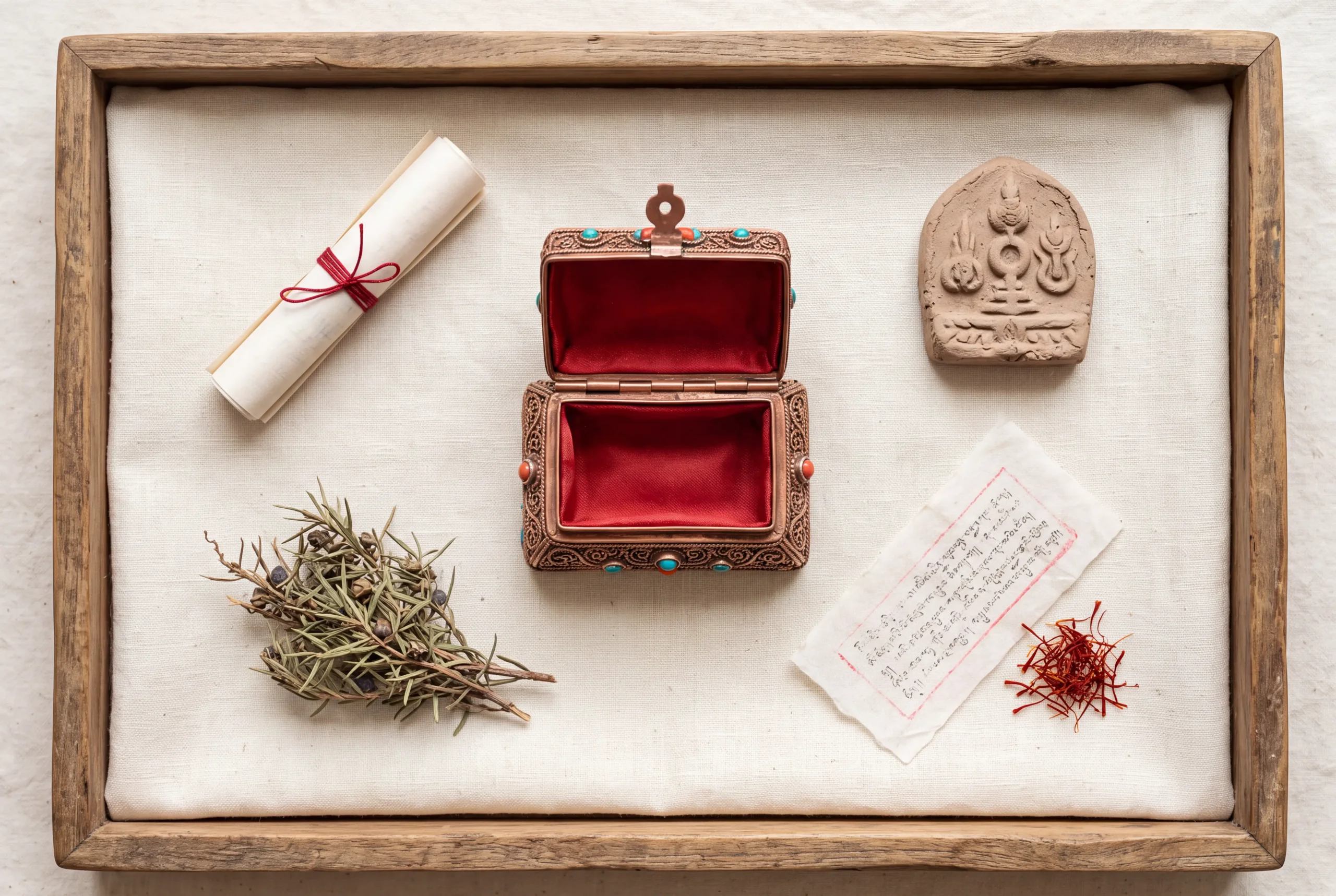 Gift box holding a Tibetan Gawu box pendant beside wrapping paper and pine sprigs, a meaningful Christmas gift idea