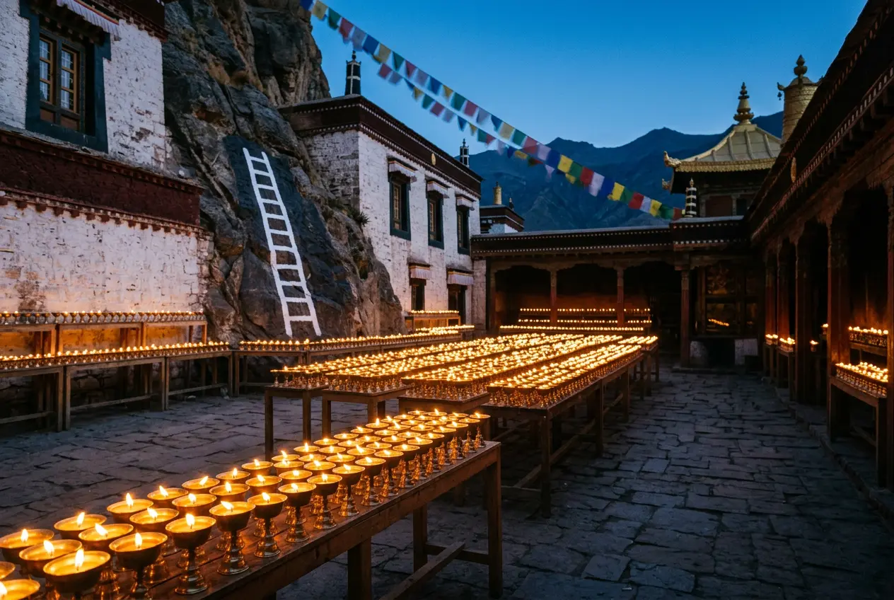 Rows of glowing butter lamps in a monastery courtyard with a painted ladder on a rock at dusk