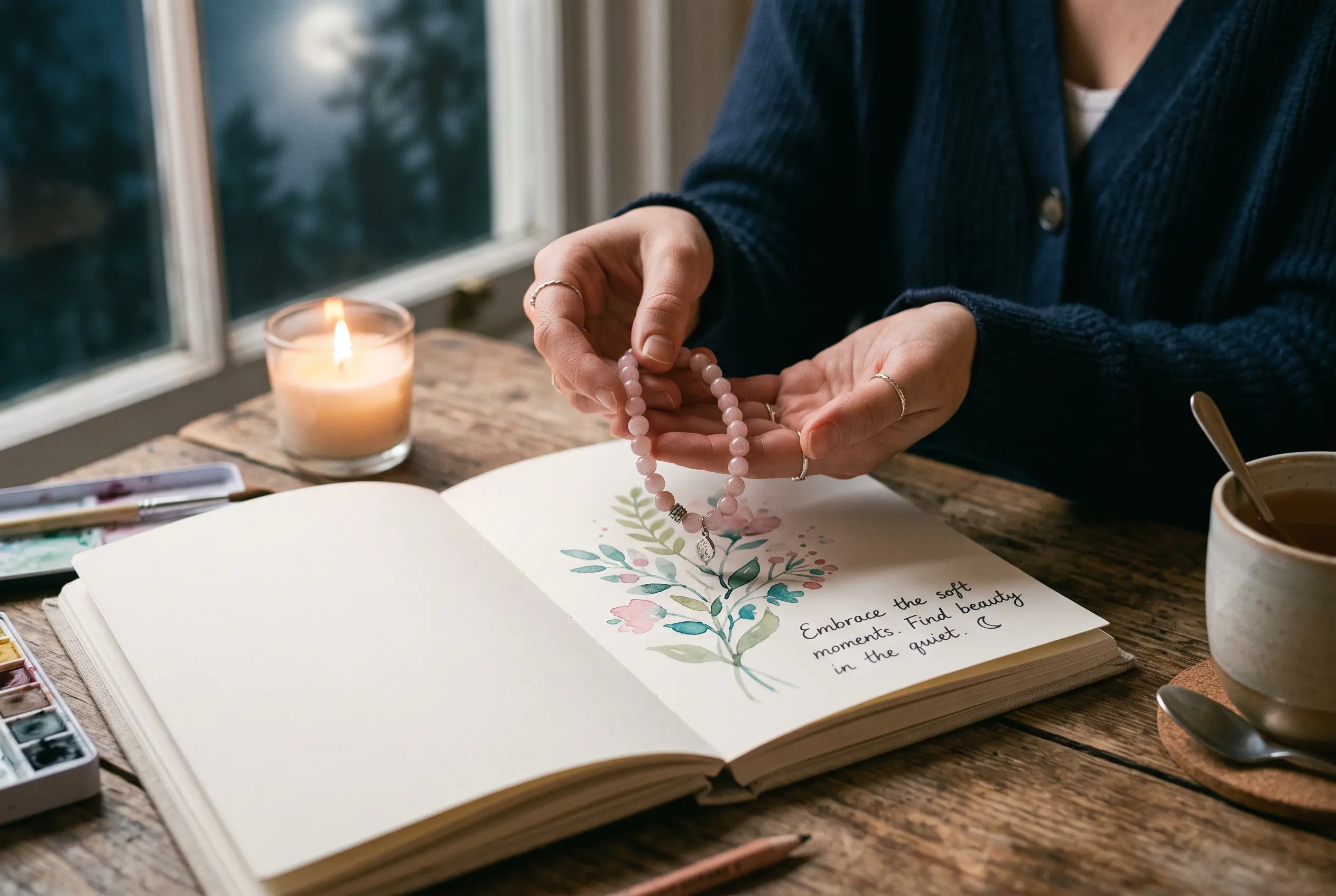 Cancer love and creativity in November 2026: hands holding a rose quartz bracelet beside a sketchbook by moonlight