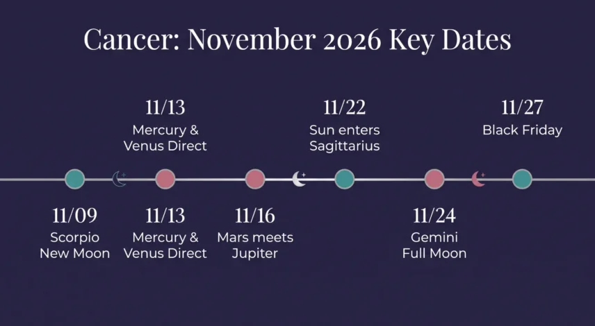 cancer-november-2026-key-dates-timeline.webp Cancer horoscope November 2026 hero image with a dark Scorpio new moon sky glowing over calm water
