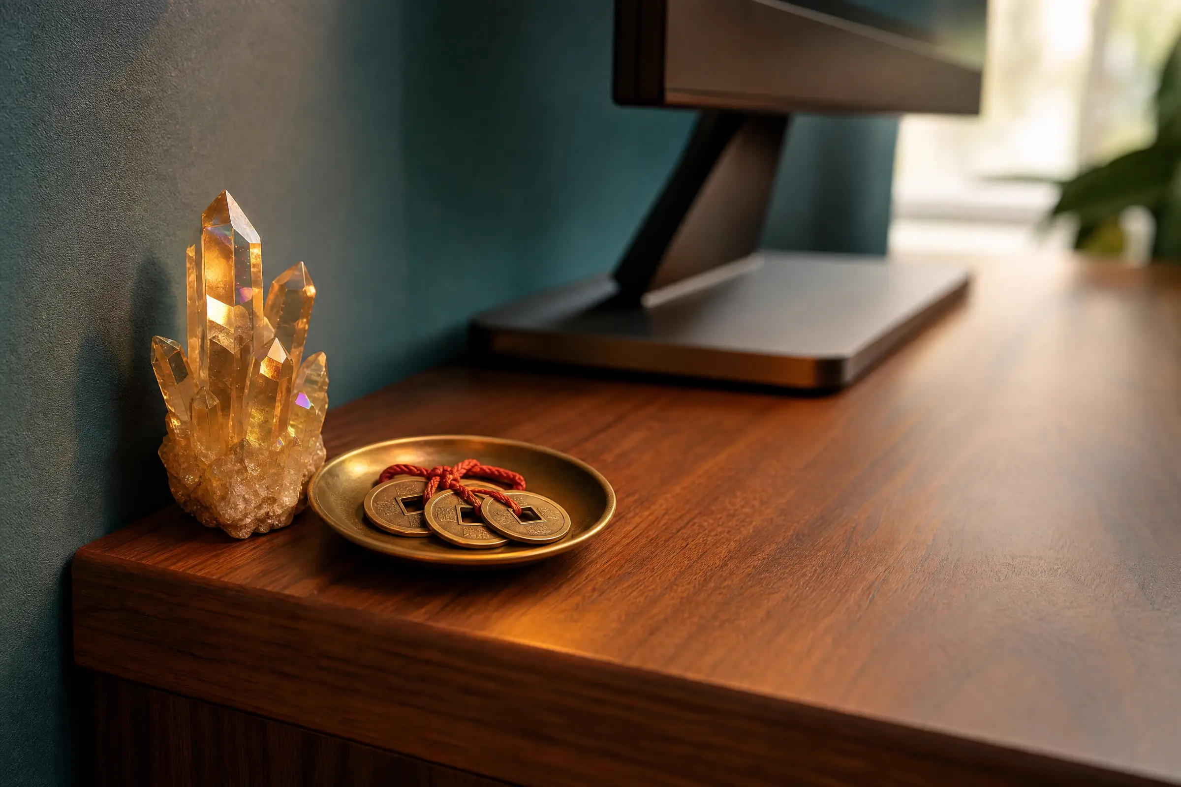 Citrine cluster lucky coins desk wealth corner