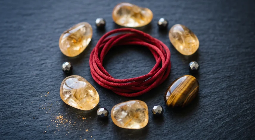 citrine-tigers-eye-hematite-rooster-wealth-stones Golden rooster facing a flaming goat silhouette at sunrise for the Rooster horoscope 2027 Fire Goat year