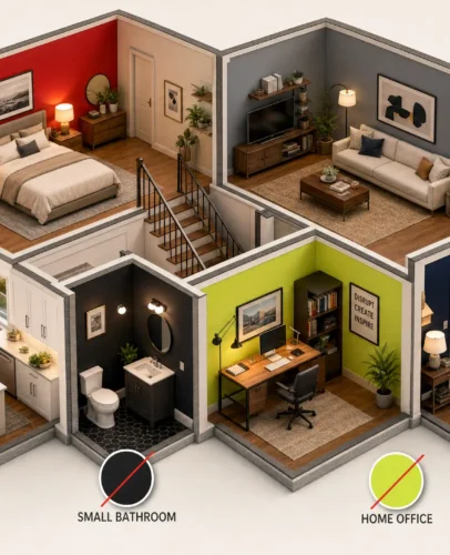 Cutaway home showing the colors to avoid in each room in 2027, from bedroom to entryway