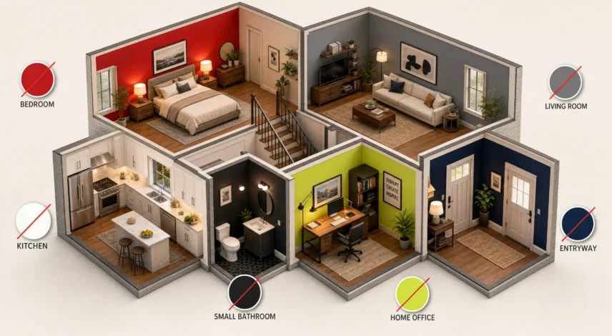 Cutaway home showing the colors to avoid in each room in 2027, from bedroom to entryway