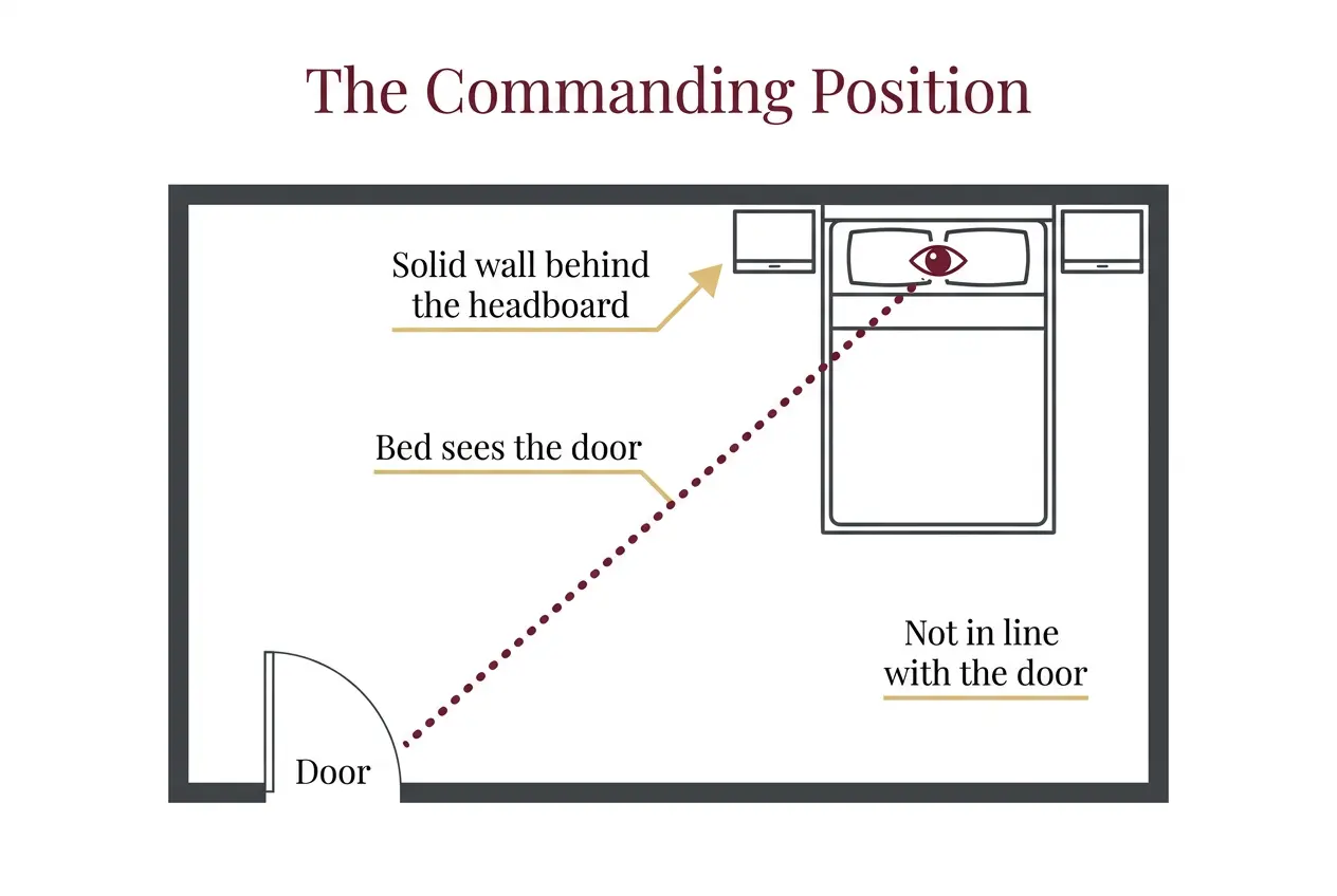 Top-down bedroom diagram of the feng shui commanding position with the bed diagonal from the door and a solid wall behind the headboard