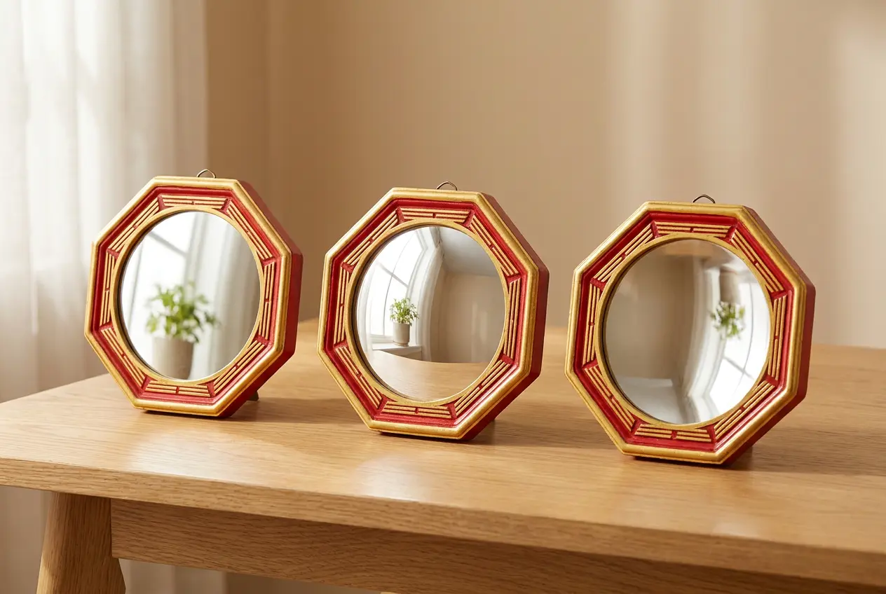 Flat, convex and concave bagua mirrors side by side on a wooden table to compare their shapes and reflections
