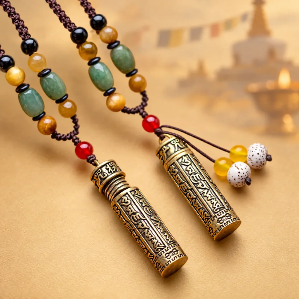Two Shurangama mantra pendants side by side: plain copper style and copper style with bodhi seed tassel