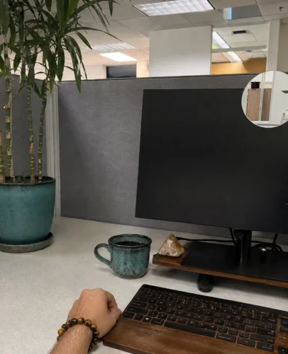 Cubicle desk with a small mirror on the monitor, a tall plant on the desk corner, and a three-coin set in the back-left corner