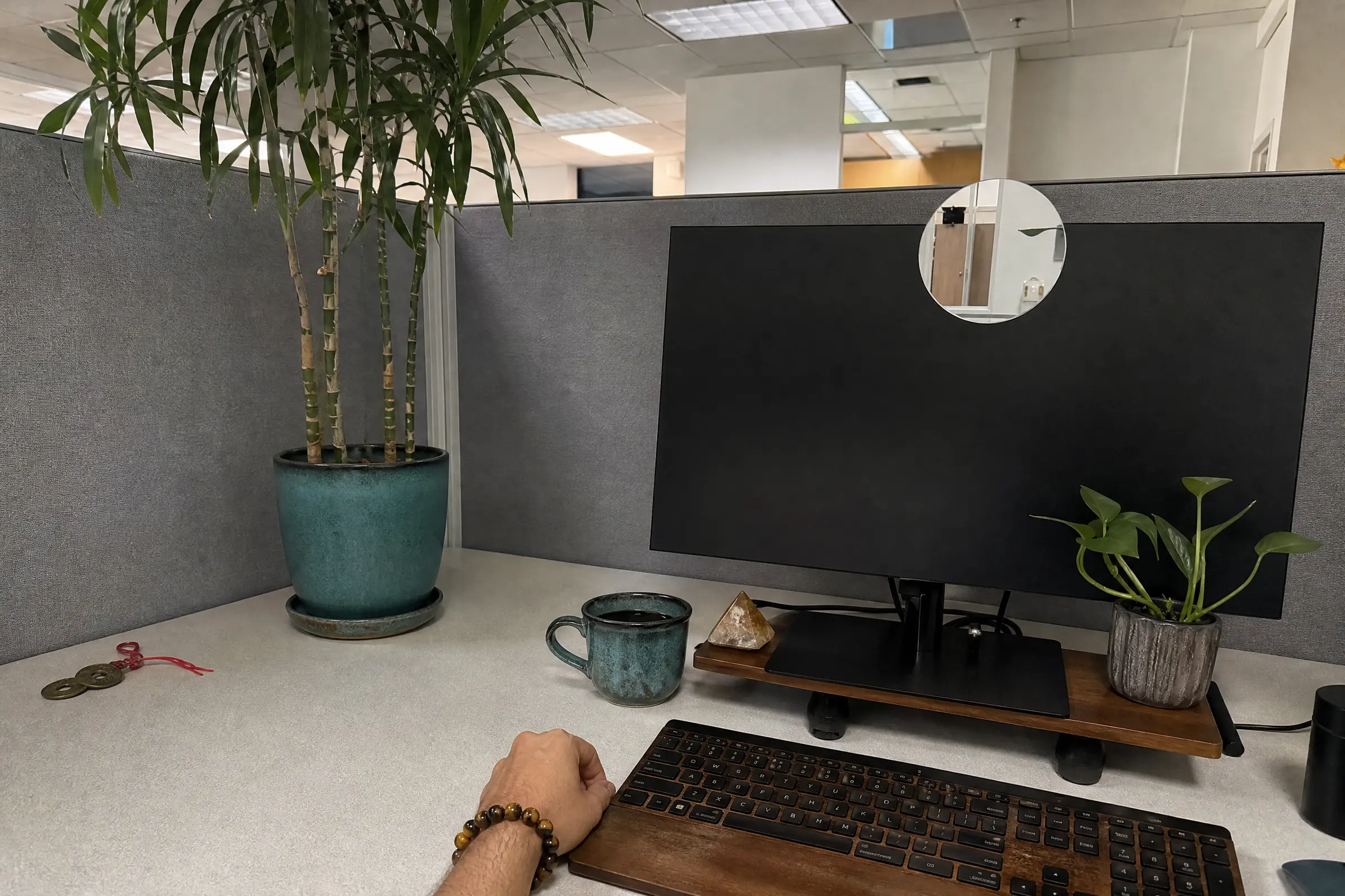 Cubicle desk with a small mirror on the monitor, a tall plant on the desk corner, and a three-coin set in the back-left corner