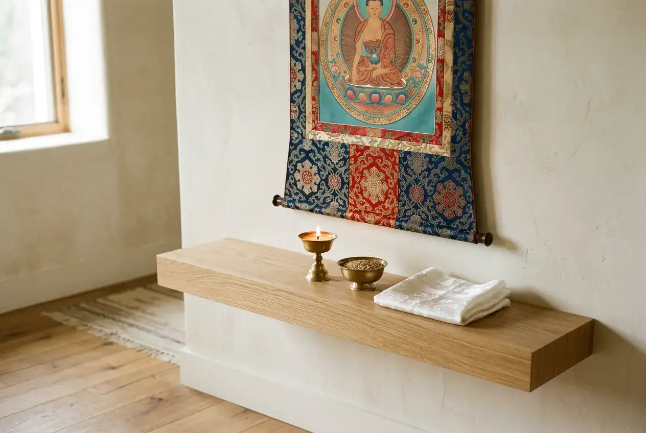 Thangka above a high, clean shelf with a brass butter lamp, showing respectful home display of Tibetan protector art