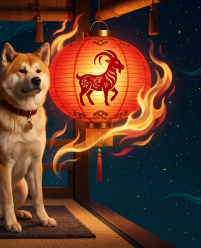 Illustrated Dog beside a red Fire Goat lantern with gold Tibetan patterns for the Dog horoscope 2027