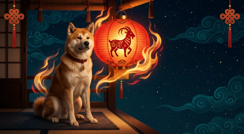 dog-horoscope-2027-fire-goat-year-predictions Illustrated Dog beside a red Fire Goat lantern with gold Tibetan patterns for the Dog horoscope 2027