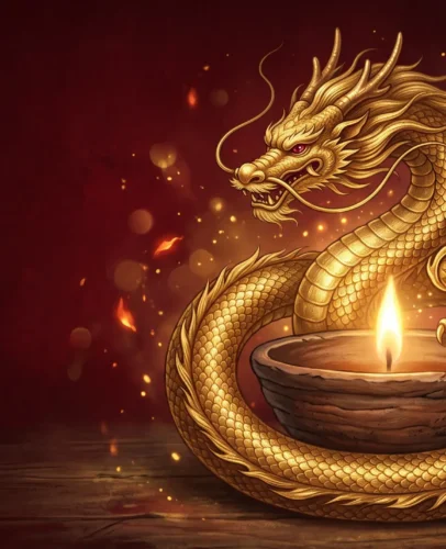 Golden Chinese dragon coiled around a glowing candle flame for Dragon 2027 predictions in the Fire Goat year