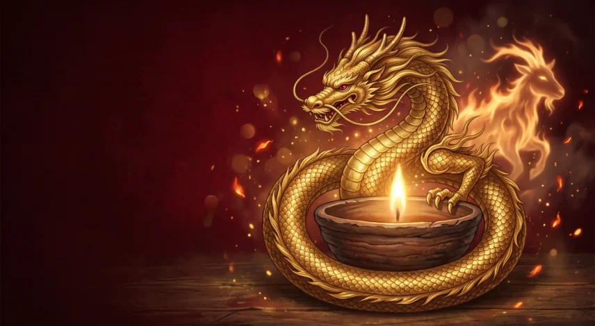 dragon-2027-predictions-fire-goat-hero Golden Chinese dragon coiled around a glowing candle flame for Dragon 2027 predictions in the Fire Goat year