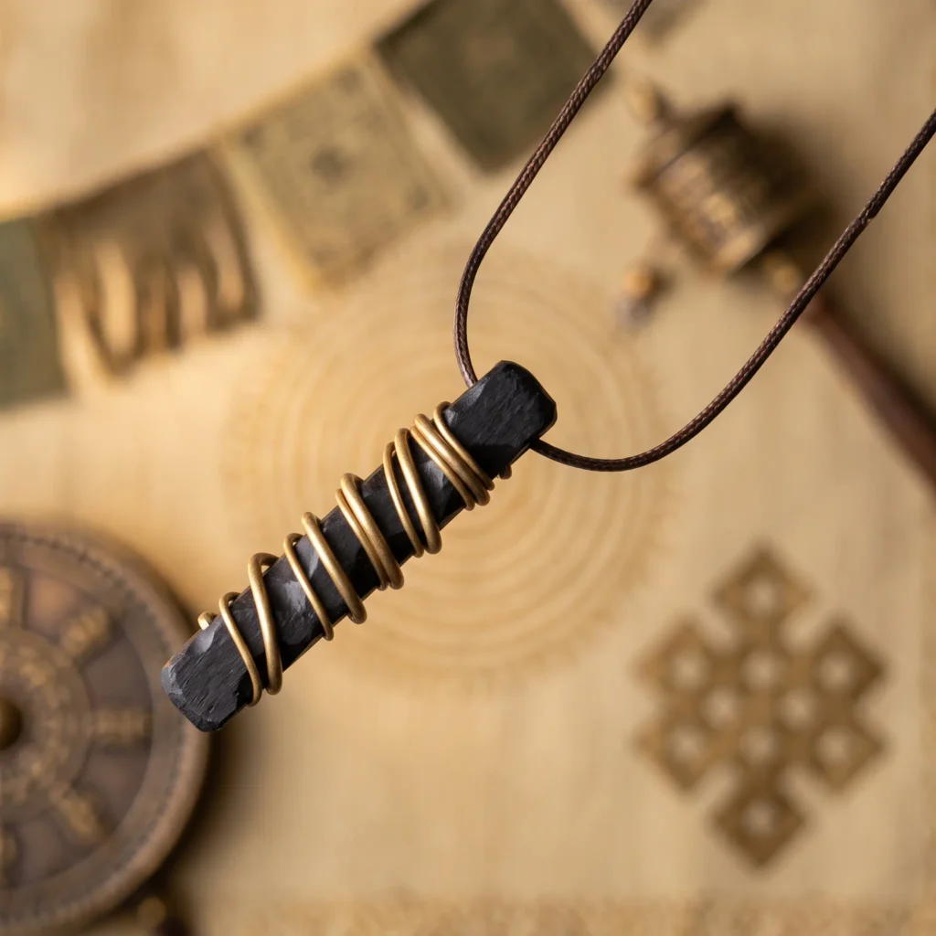 Ebony and brass pendant necklace on a brown wax cord, with Tibetan prayer flags, dharma wheel, and endless knot behind