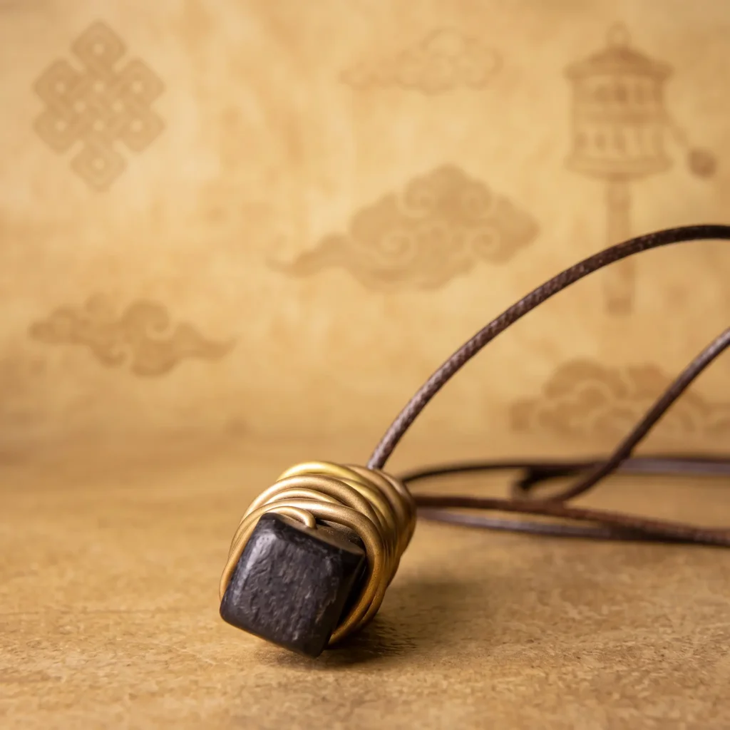 Ebony wood pendant wrapped in brass wire on a golden surface, with Tibetan endless knot and prayer wheel motifs in the background
