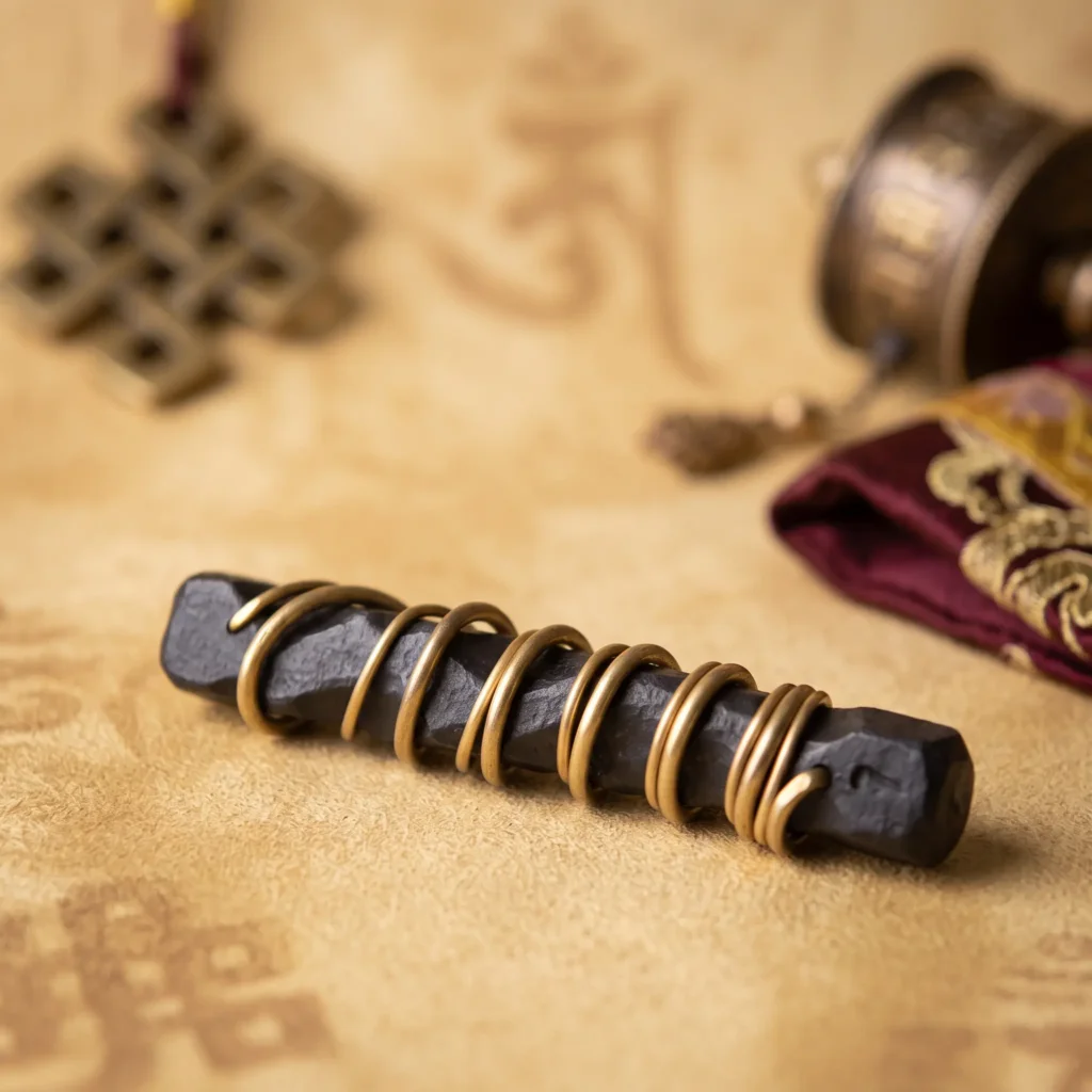 Handmade ebony wood bar pendant with golden brass coils lying flat beside a Tibetan endless knot and burgundy brocade pouch