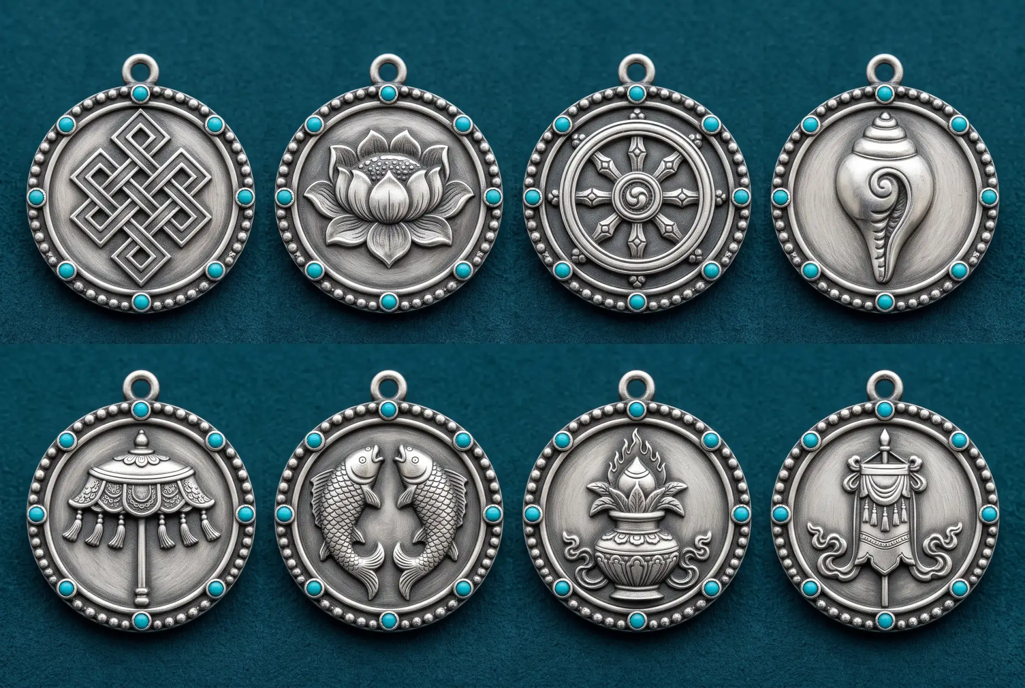 The Eight Auspicious Symbols engraved on silver charms: endless knot, lotus, dharma wheel, conch, parasol, fish, vase, banner