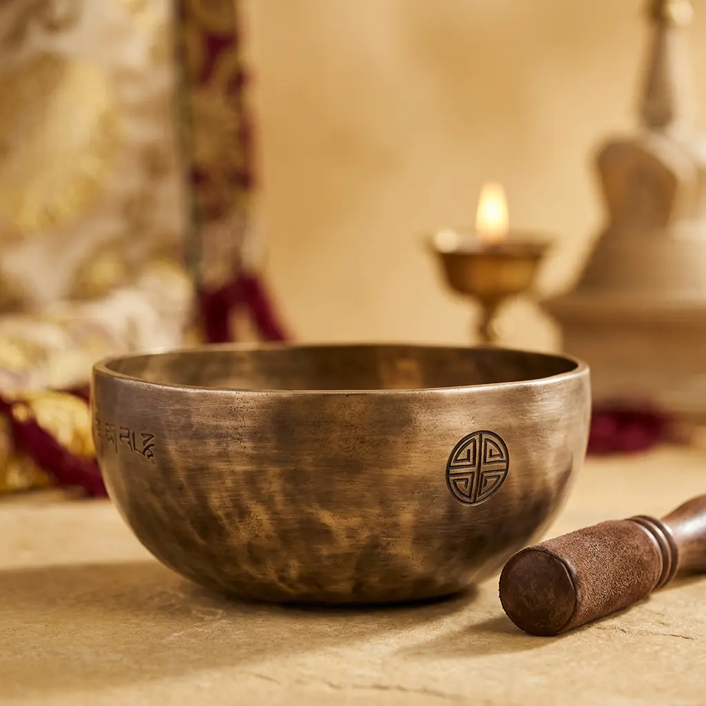 engraved-tibetan-singing-bowl-suede-mallet-butter-lamp Tibetan singing bowl with engraved mantra script and longevity symbol next to a suede-wrapped wooden mallet and a lit butter lamp