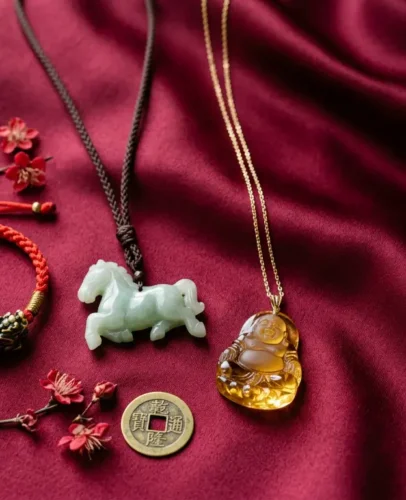 Fan Tai Sui protection kit for 2027 with a red string Pixiu bracelet, jade Horse pendant and Guardian Buddha necklace on red silk