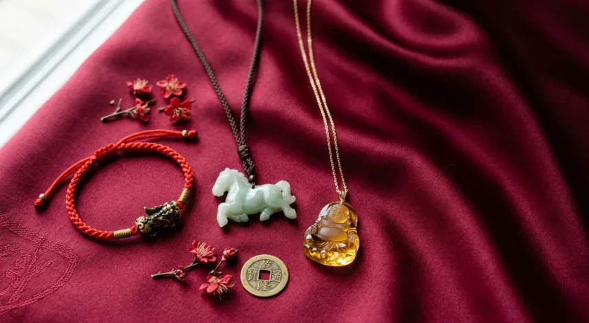 fan-tai-sui-protection-kit-2027-flat-lay.webp Fan Tai Sui protection kit for 2027 with a red string Pixiu bracelet, jade Horse pendant and Guardian Buddha necklace on red silk